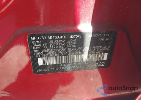 2015 Mitsubishi Mirage Es/Rf из США, поврежденный, VIN ML32A4HJ7FH050174